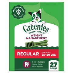 Greenies vet-recommended dental treats pack-shot; supports daily dental care for 25–50 lb dogs.