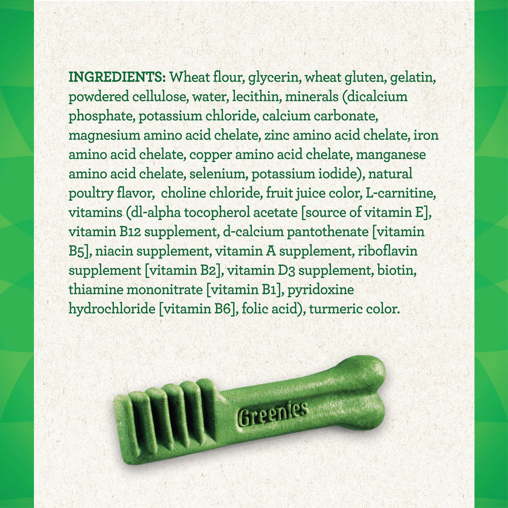 Teenie chews from Greenies designed to help breath freshness in small dogs.