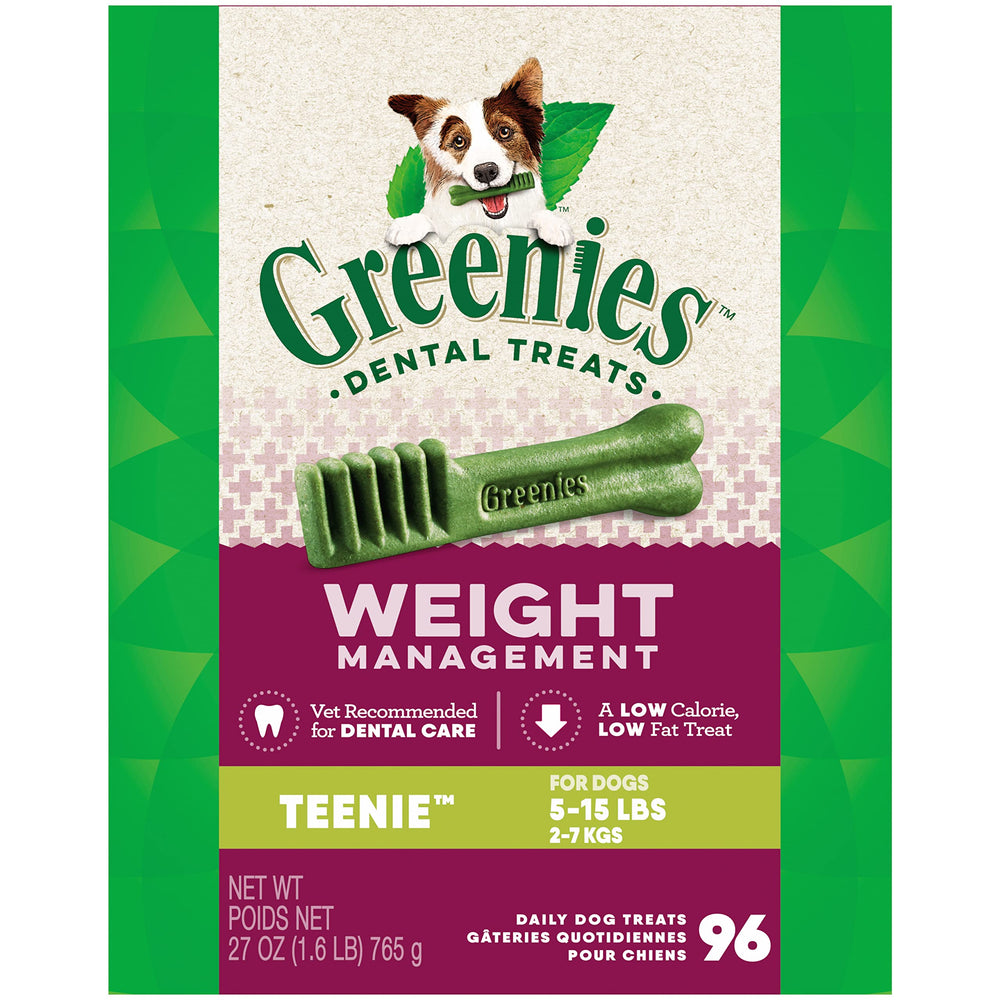 Greenies Teenie dental chews pack shot for small dogs, supporting plaque control.