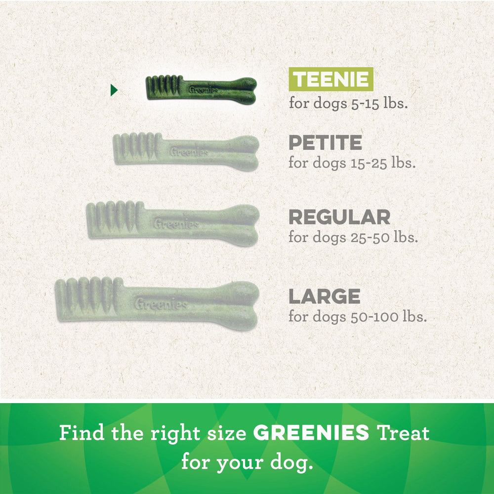 Greenies Teenie chews aiding tartar control in tiny breeds.