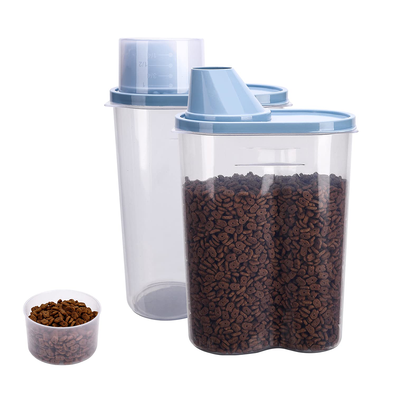 GreenJoy two-pack pet food container with measuring cup for tidy portioning.