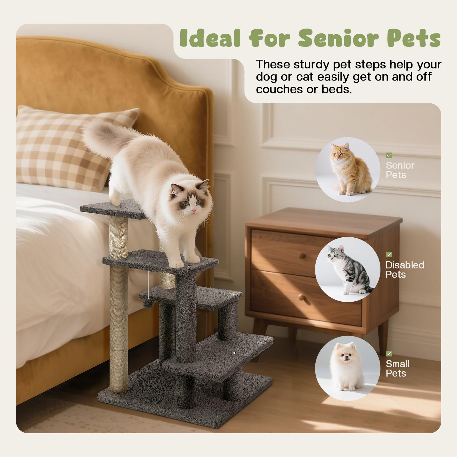 GreenPetopia cat stairs with sisal posts for claw sharpening and play.