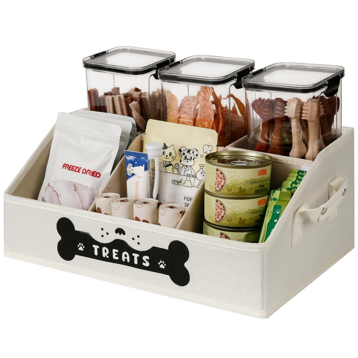GreenPetopia dog treat container front view with easy-access trapezoid design