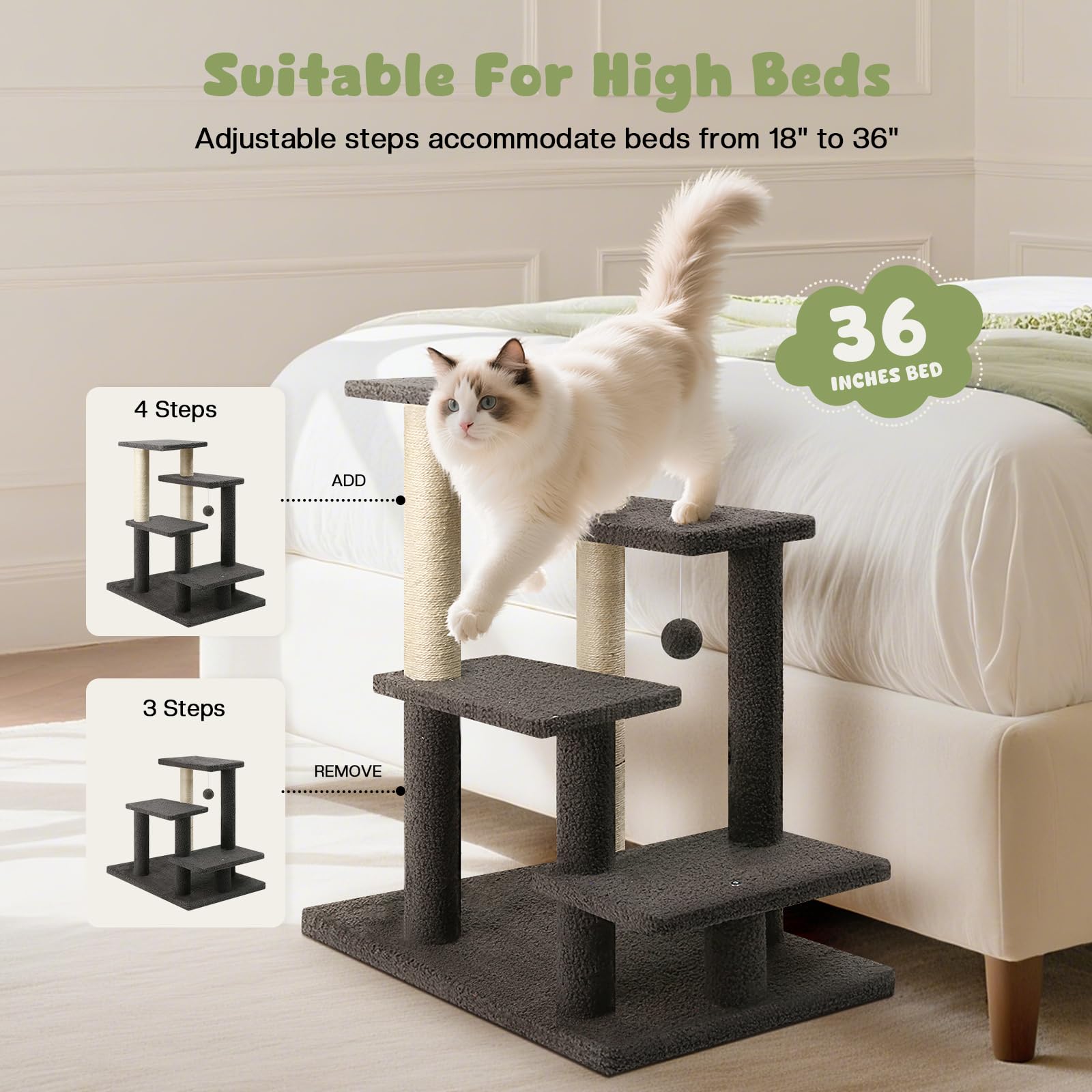 GreenPetopia gray velvet steps offer traction and comfort during climbs.