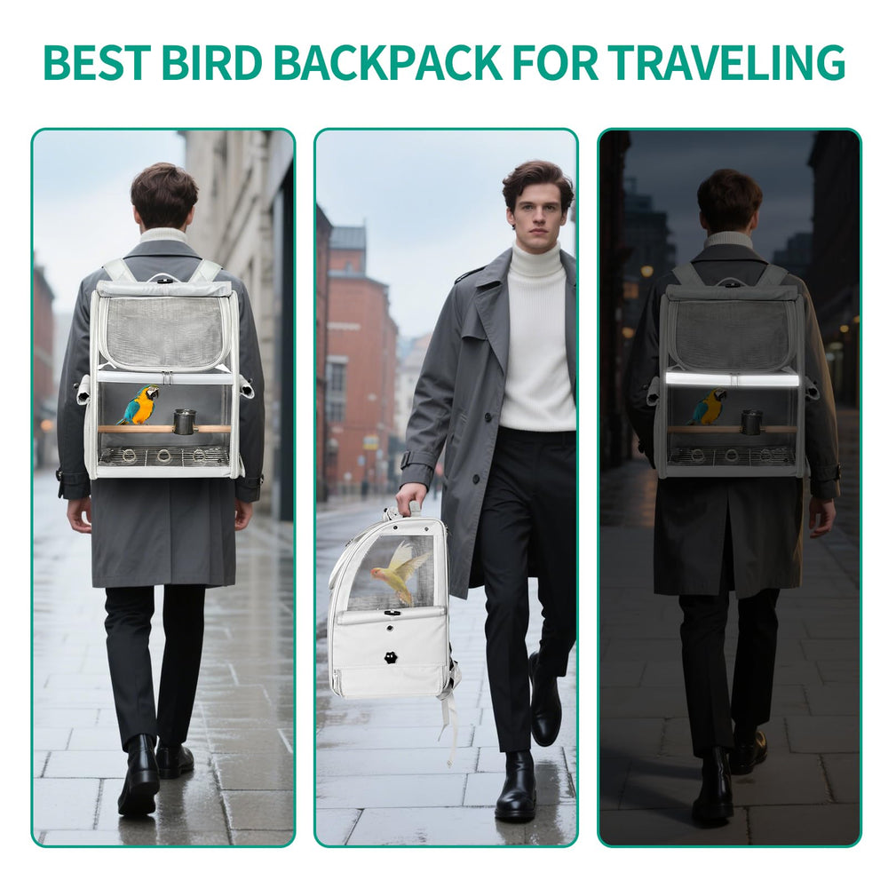 Gregce bird carrier includes feeder cups for feeding on the go