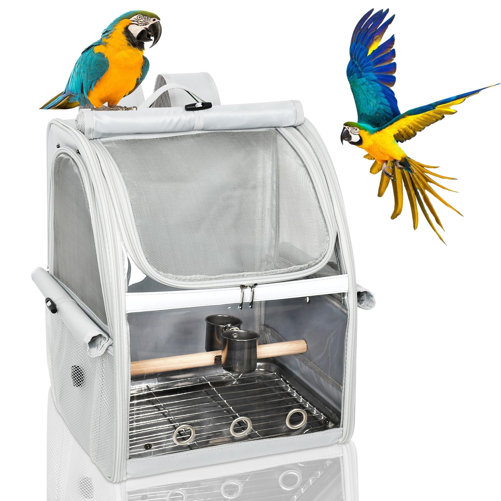 Gregce bird carrier backpack front view with stainless mesh for optimum ventilation