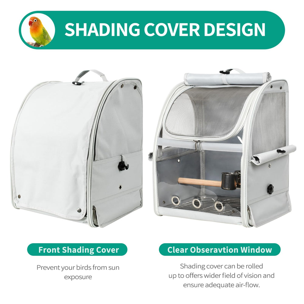 Gregce bird carrier sunshade rolled up for adjustable temperature and visibility