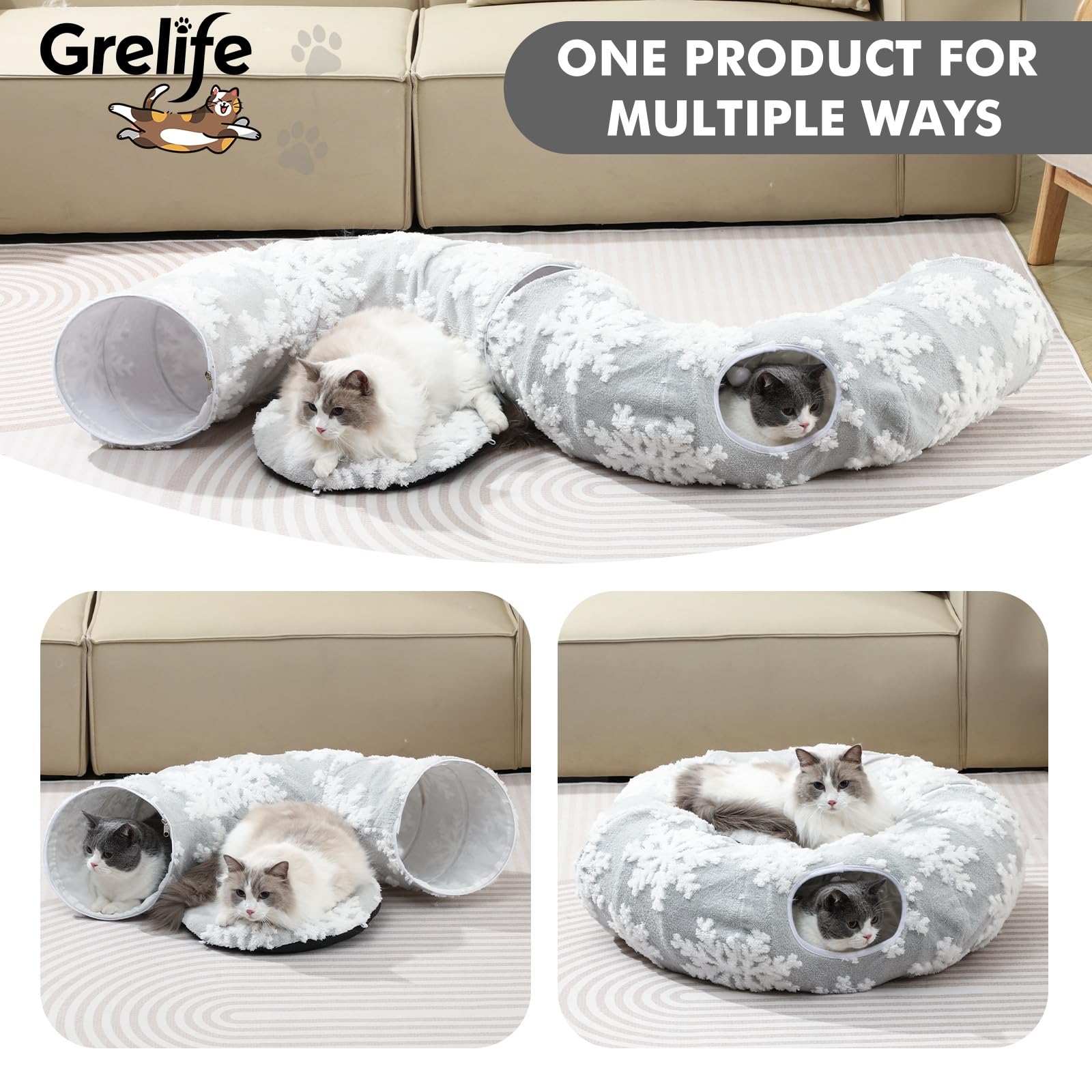 Grelife cat tunnel bed adjustable configuration boosts cat exploration.