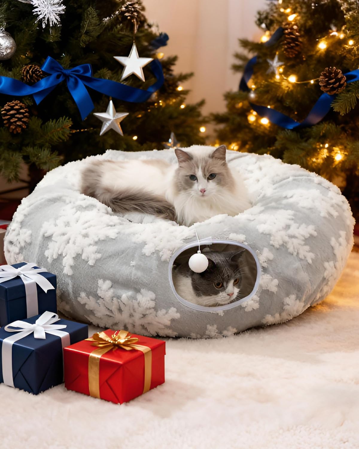 Grelife cat tunnel bed dangling toy balls encourage interactive fun.
