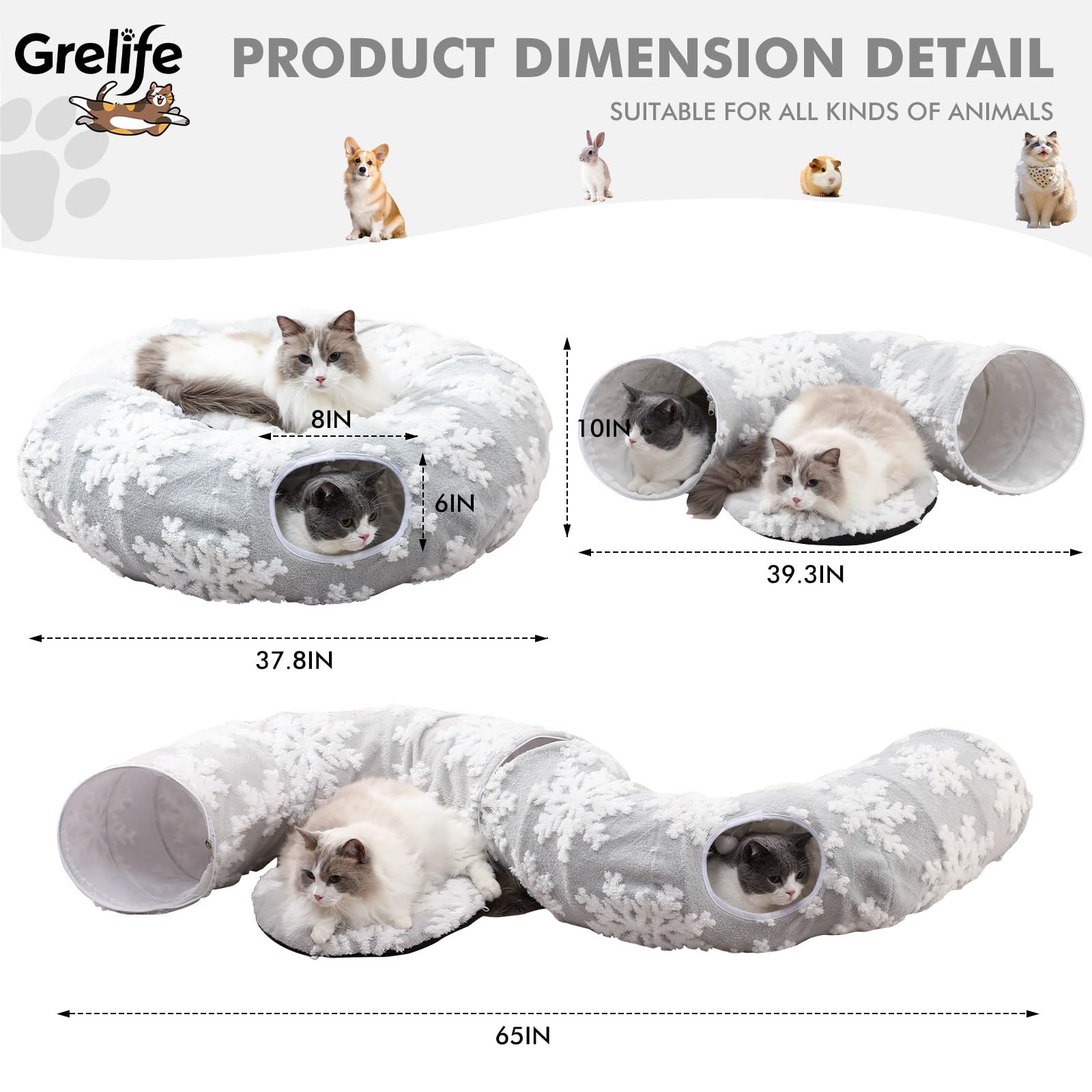 Grelife cat tunnel bed removable cushion for easy washing.