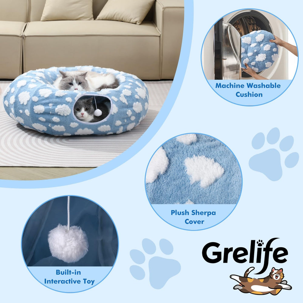 Grelife cat tunnel dangling-toys add mental stimulation during playtime.