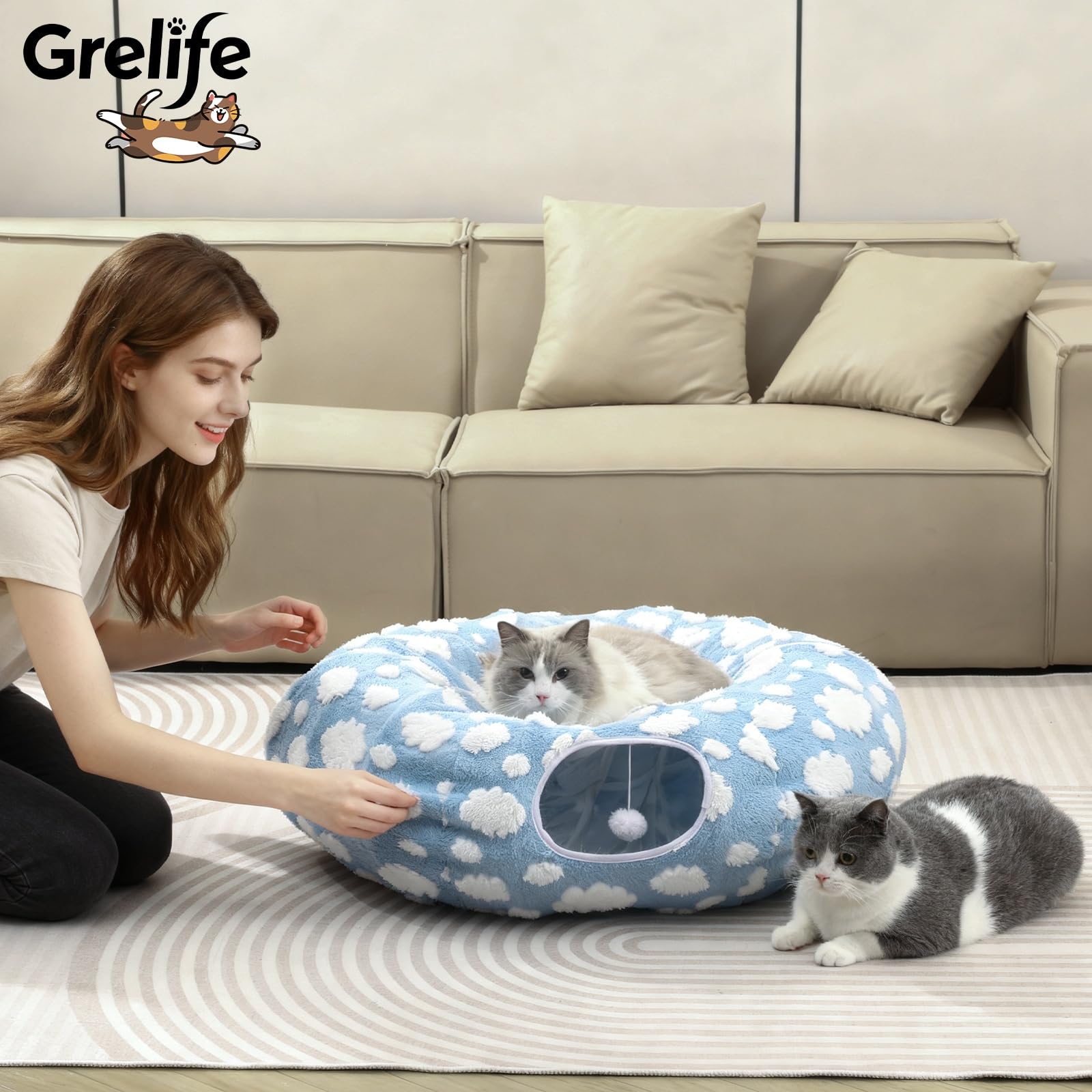 Grelife cat tunnel washable-cushion simplifies cleanup after playful sessions.