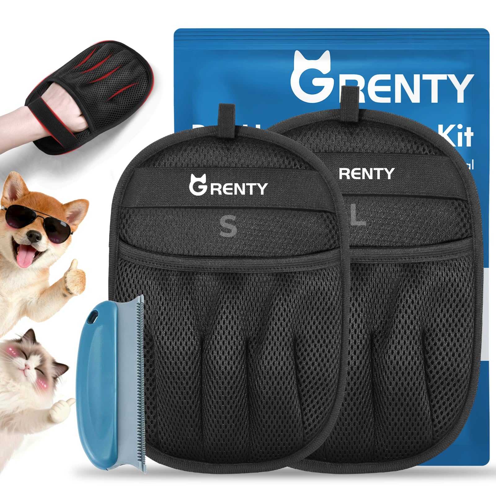 GRENTY pet hair removal glove front view shows quick fur pickup