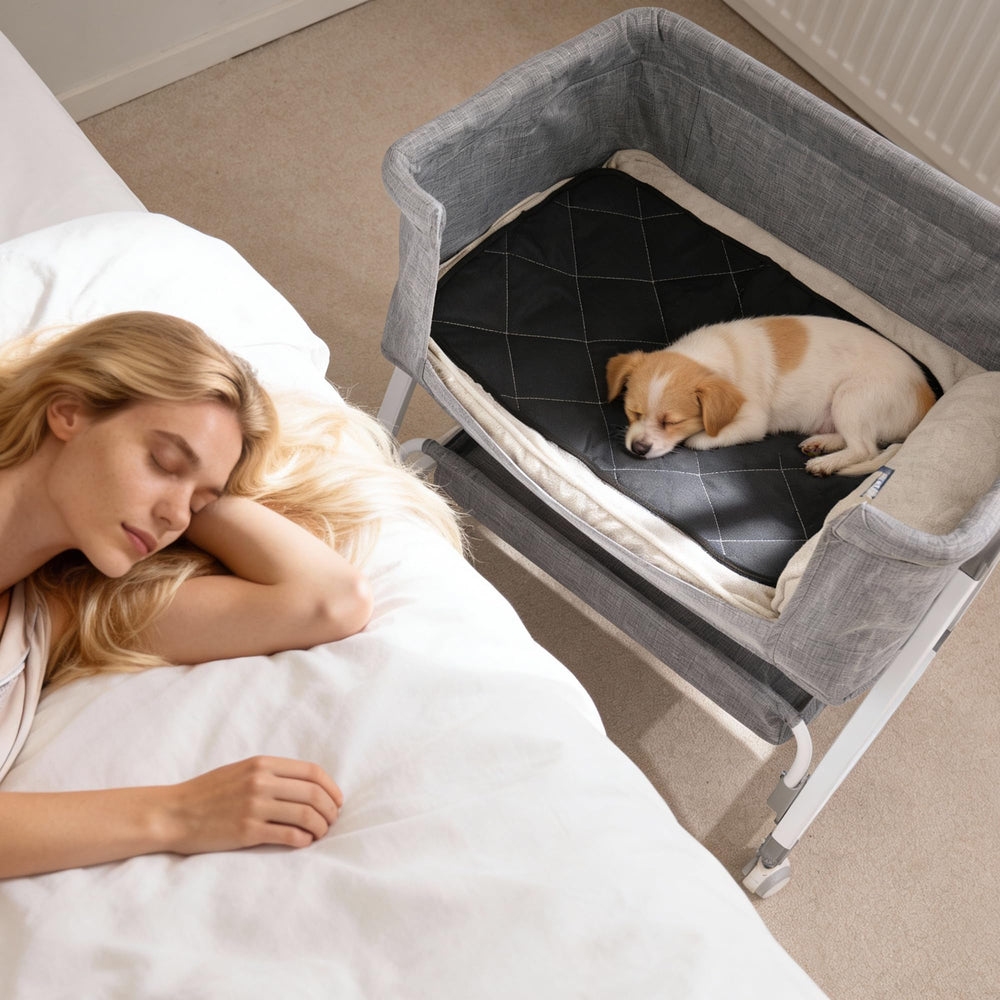 Grevigily Bedside Dog Bed Sleeper attached to bed demonstrates shared sleeping space