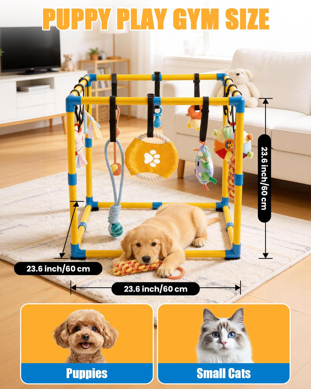 Grevigily Puppy Play Gym top view reveals 12-toy setup for diverse stimulation.