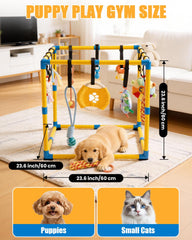 Grevigily Puppy Play Gym top view reveals 12-toy setup for diverse stimulation.