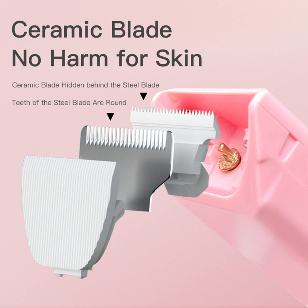 Grimgrow close-up of ceramic blade with widened rounded teeth for safe trimming.