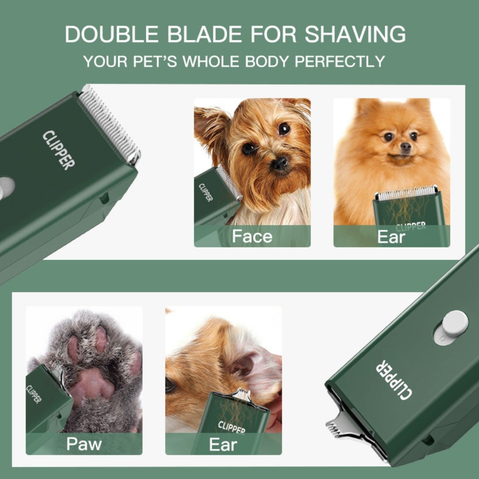 Grimgrow included blades and combs showcased for versatile pet styling.