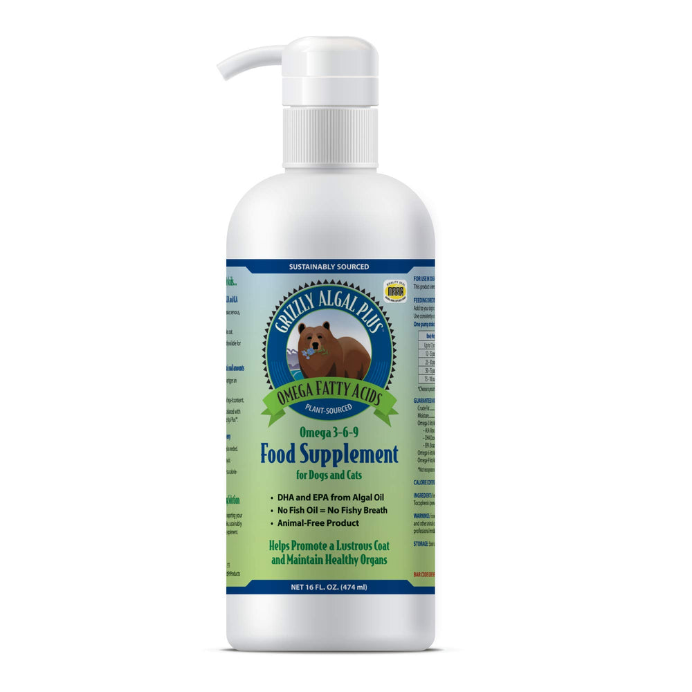 Grizzly Algal Plus omega-3-6-9 bottle shows plant-based coat support for pets