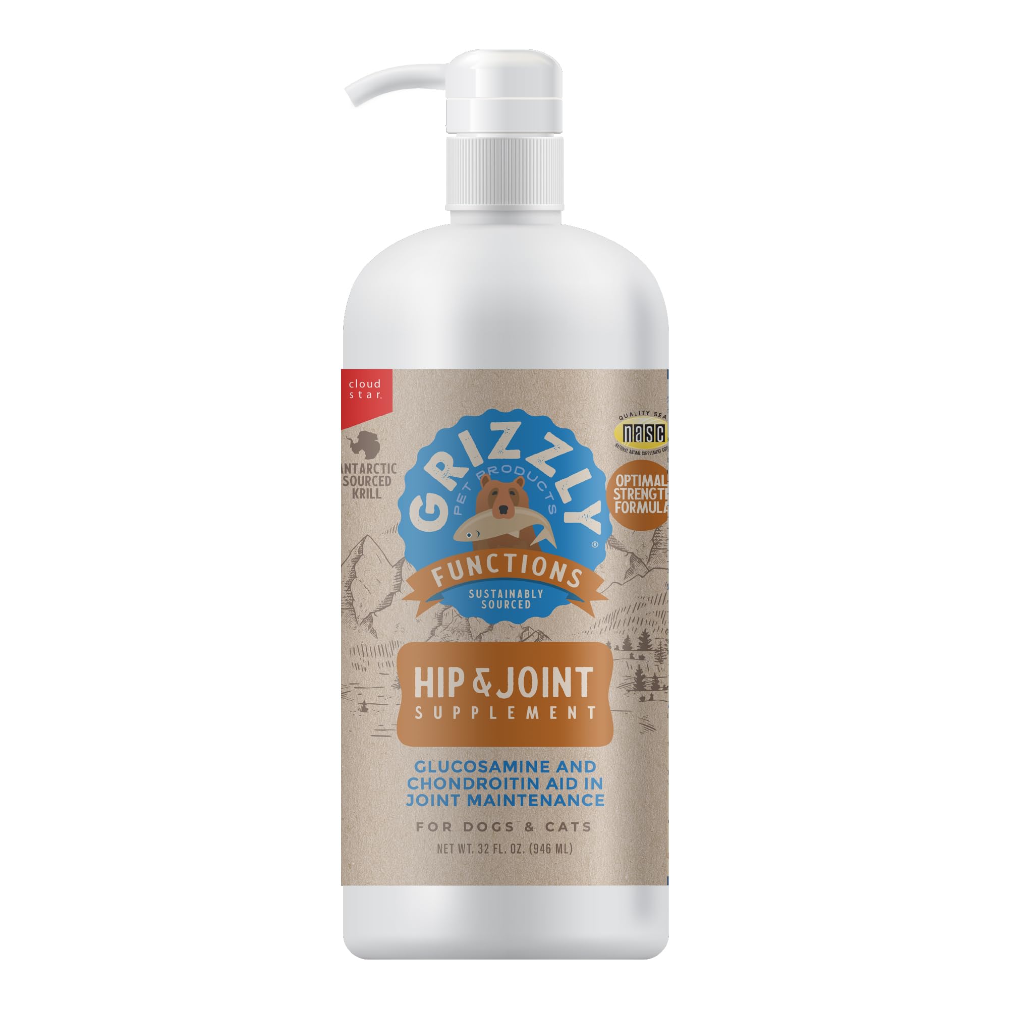 Grizzly Joint Aid liquid bottle front view for pets, signaling joint support.