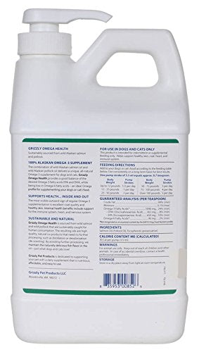 Grizzly Omega Health label close-up shows wild Alaskan salmon source and high DHA/EPA.