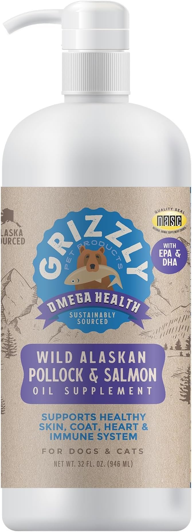 GRIZZLY PET PRODUCTS Omega Health bottle—liquid omega-3 for dogs and cats supports skin and coat.