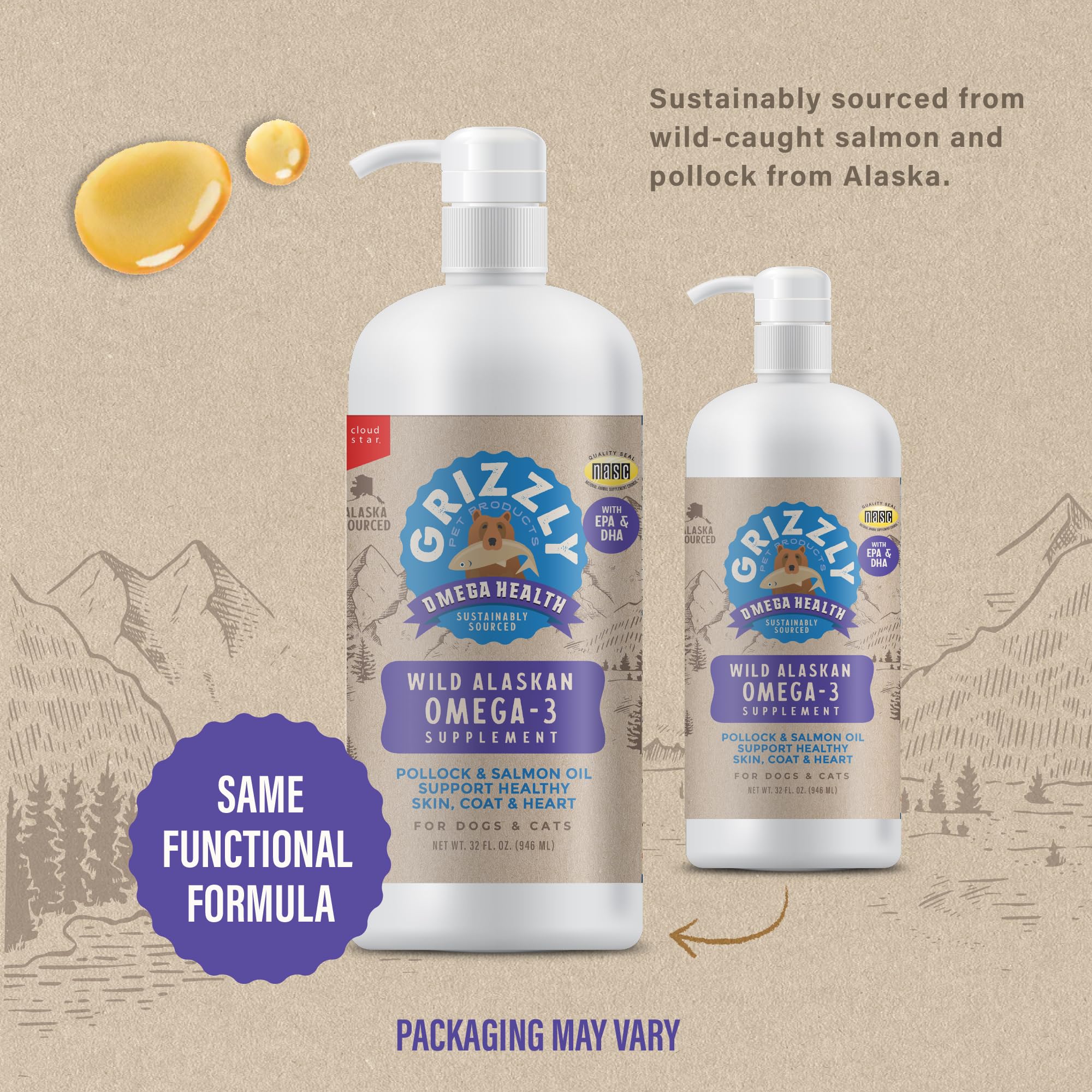 GRIZZLY PET PRODUCTS Omega Health pour—easy dosing for daily pet wellness.