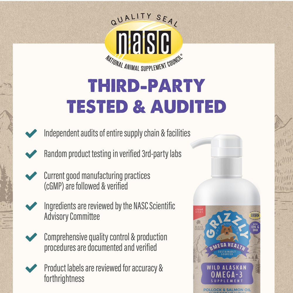 GRIZZLY PET PRODUCTS Omega Health long-term health—convenient daily omega-3 supplementation.