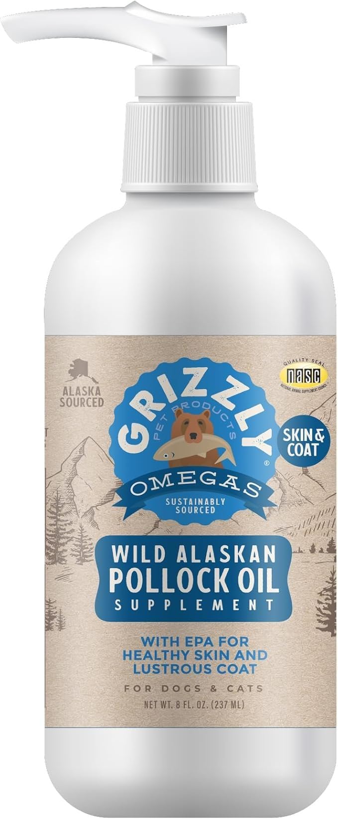 GRIZZLY PET PRODUCTS Pollock Oil bottle shows omega-rich formula for coat support