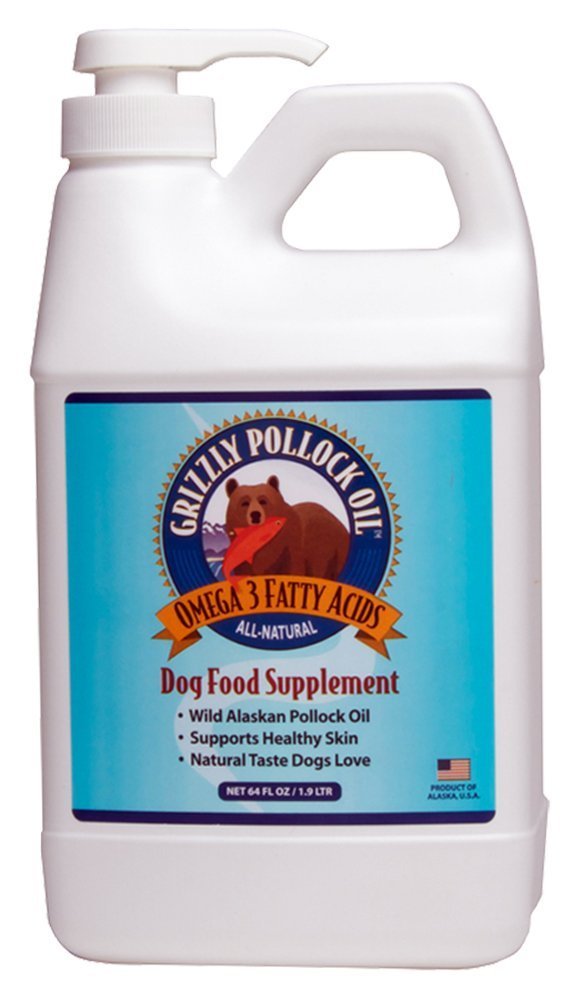 Grizzly Pollock Oil bottle showing wild Alaskan pollock source for skin and coat support.
