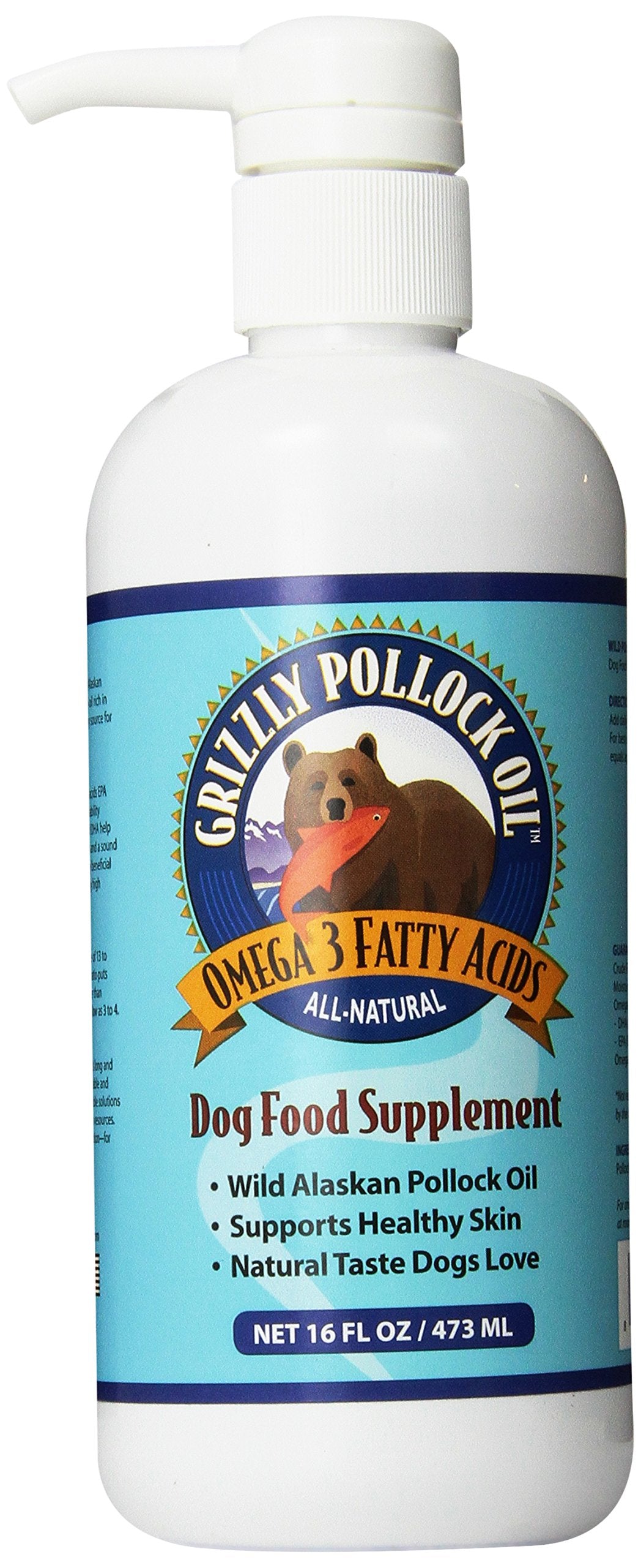 Grizzly Pollock Oil pump-over-food bottle to support healthy skin and coat.