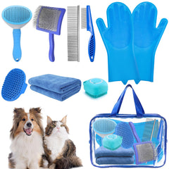 Grnheat 8-piece grooming kit in action with slicker brush detangling fur