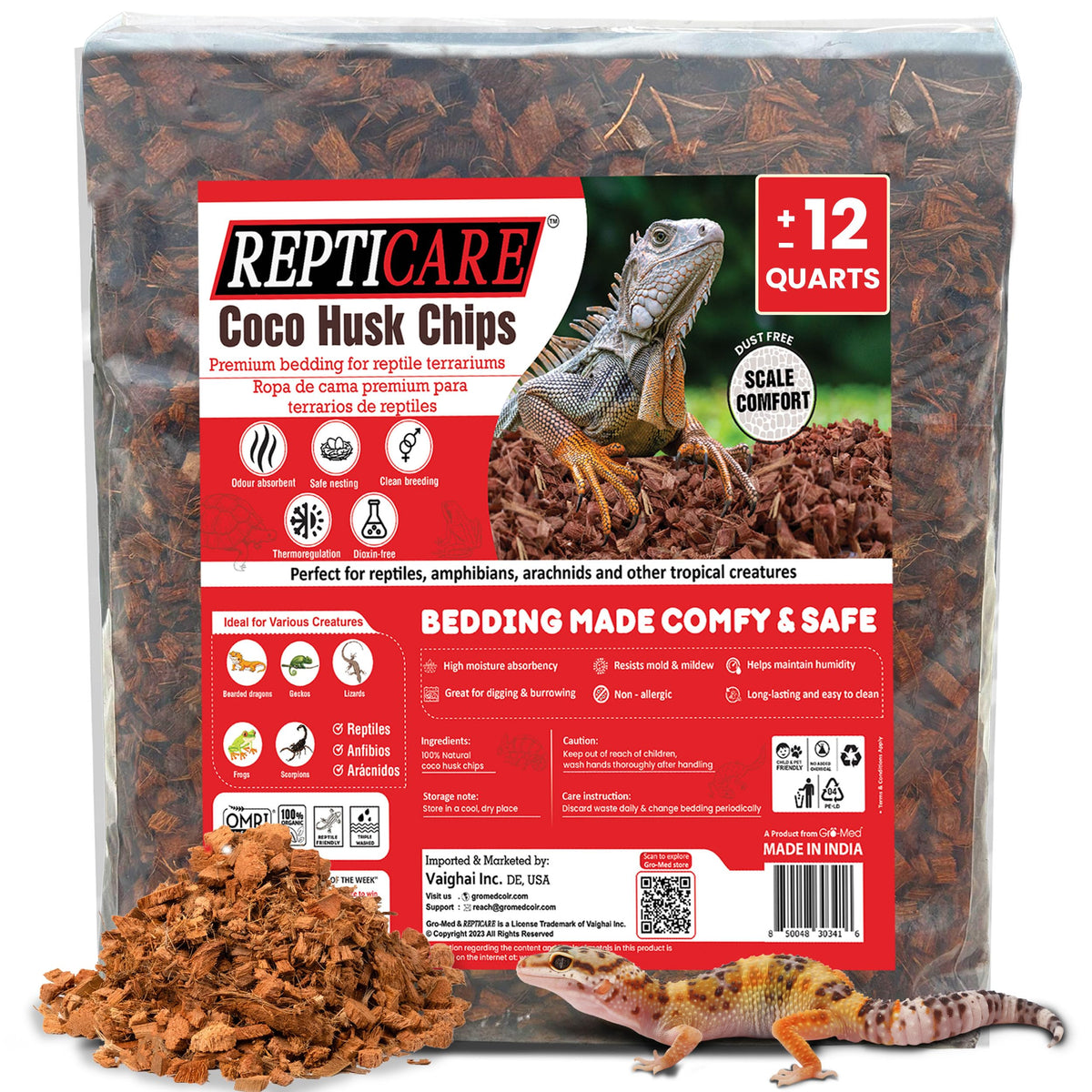 Gro-Med ReptiCare coconut husk chips bag for instant, ready-to-use reptile bedding.