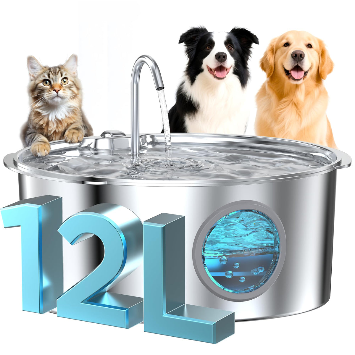 GROOKPET large dog fountain in stainless steel with 12L capacity for multi-pet homes.