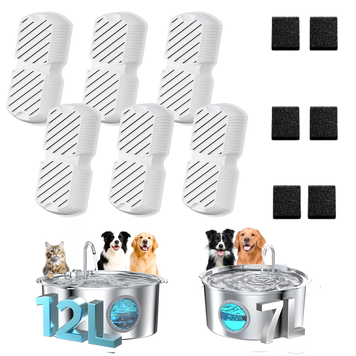 GROOKPET packaging shows a 12-piece fountain filter set for large dogs.