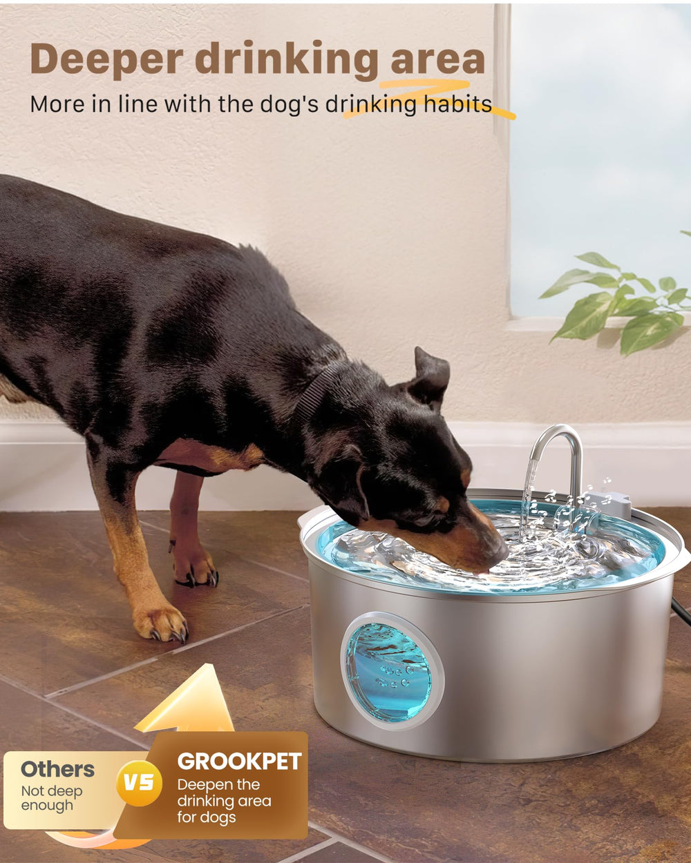 GROOKPET stainless steel fountain highlights rust resistance and hygiene.