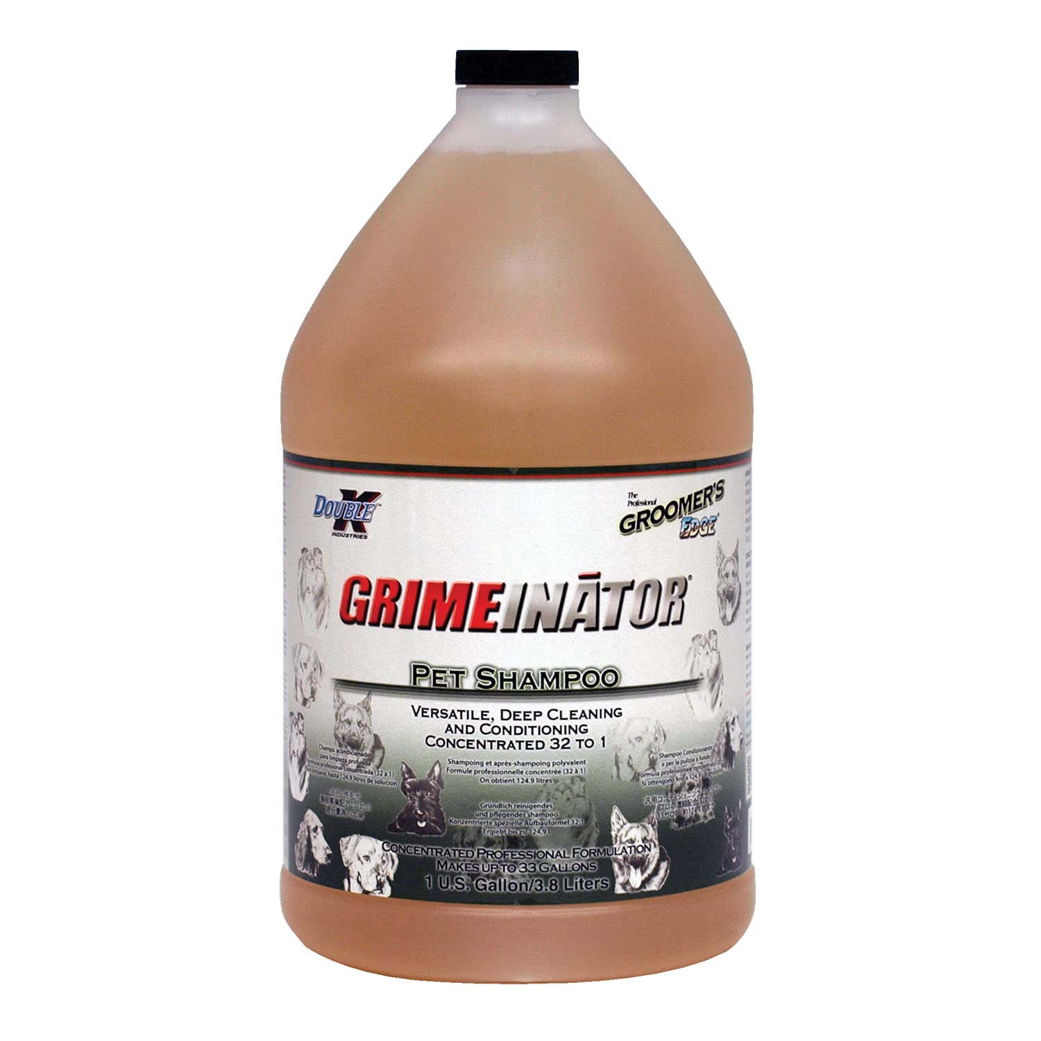 Groomers Edge Grimeinator bottle pour demonstrates easy dilution for deep cleaning.