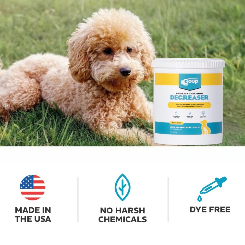 Groomer's GOOP bottle label closeup showcases trusted pre-bath prep for problem coats.