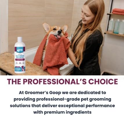 Groomer's GOOP glossy coat cleansing 16oz bottle emphasizes durability in regular grooming.