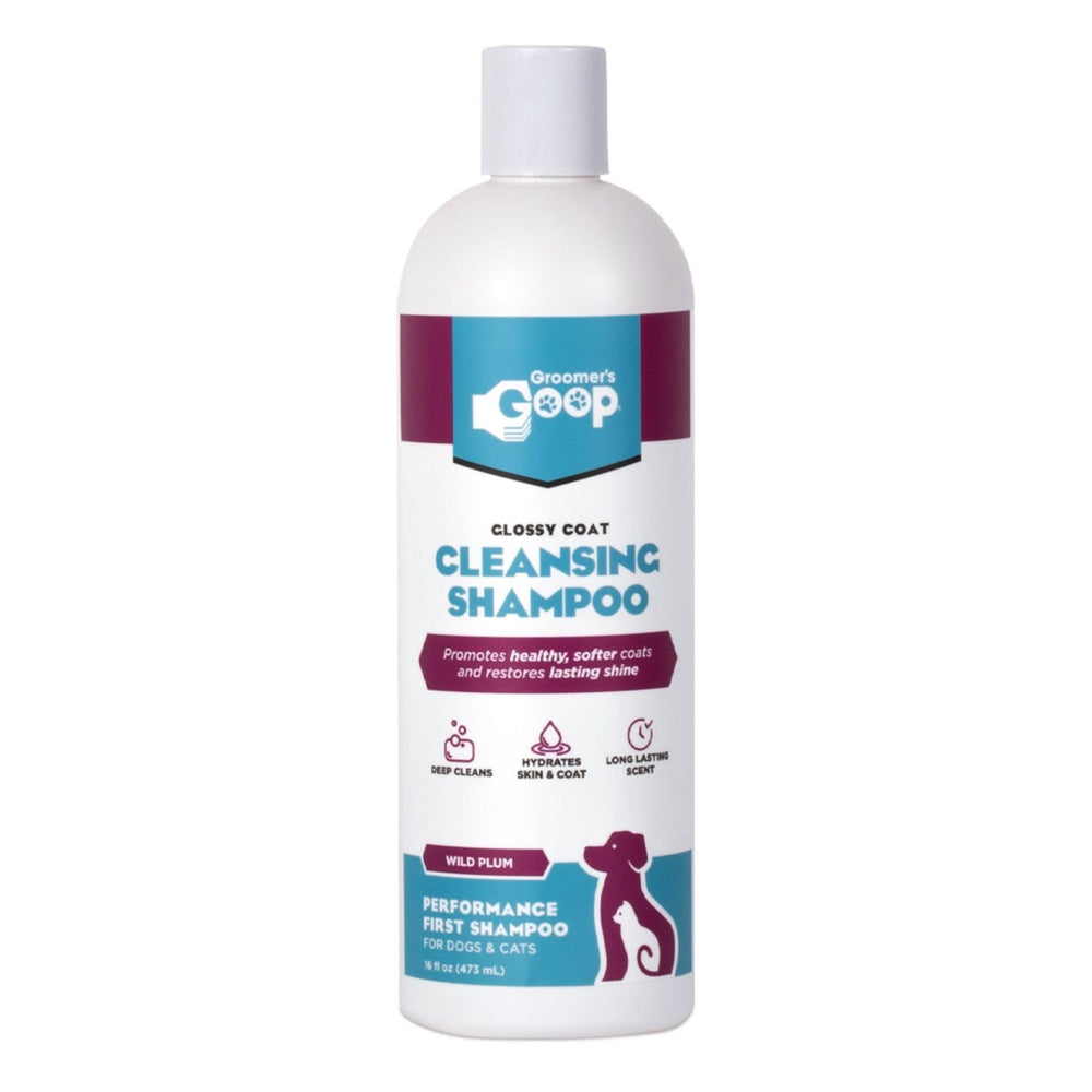 Groomer's GOOP glossy coat cleansing bottle highlights deep-clean for cleaner fur.