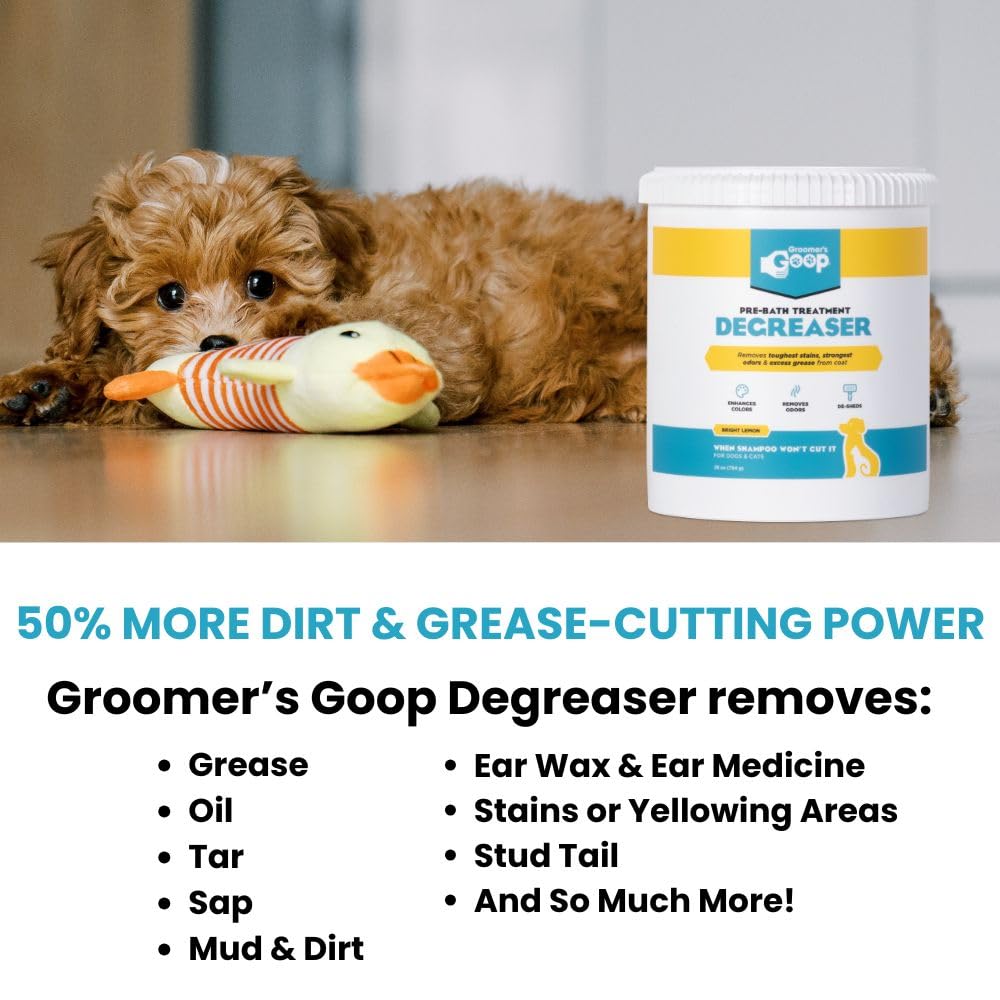 Groomer's GOOP matted-fur-relief image suggests easier detangling after pre-bath treatment.