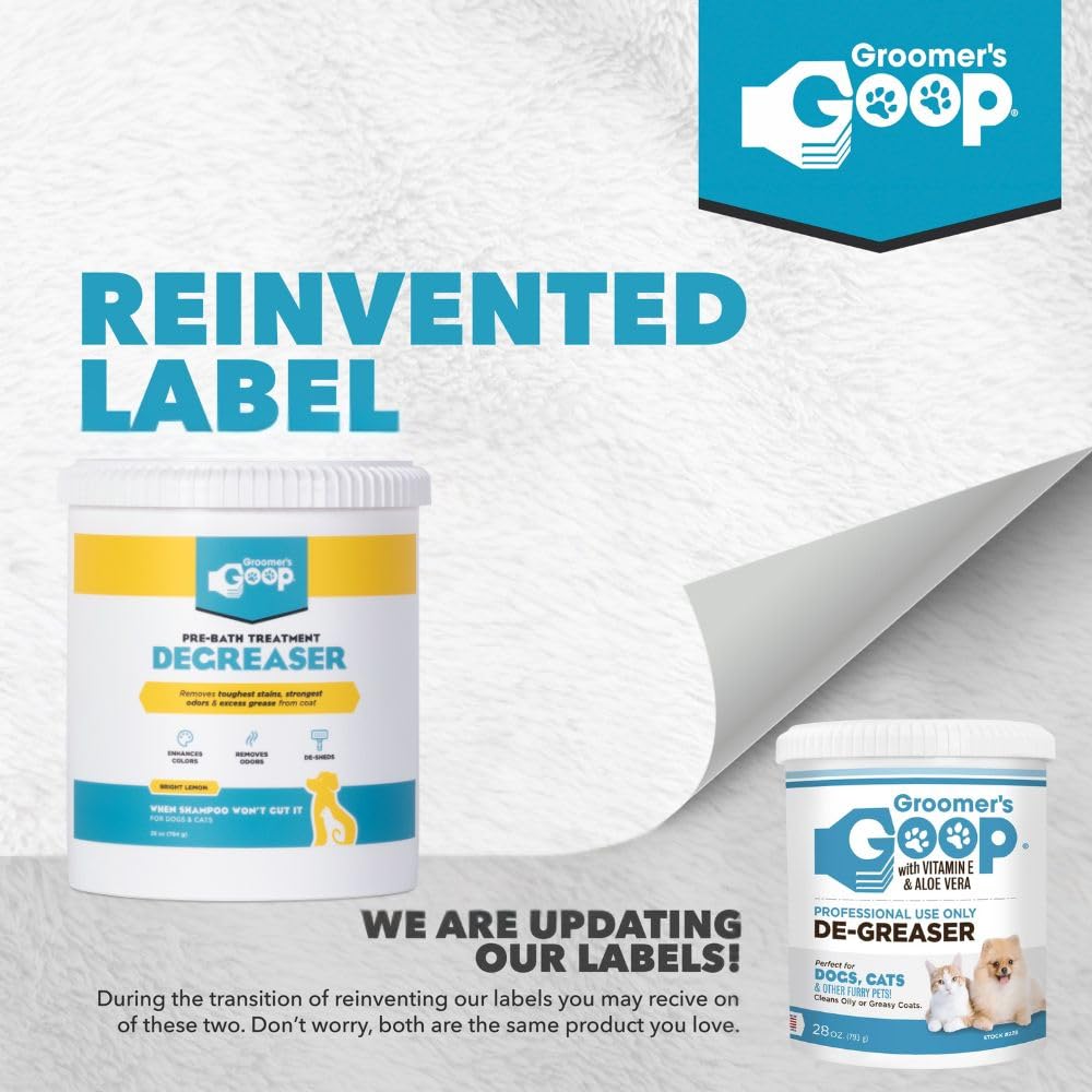 Groomer's GOOP pre-bath degreaser pour action dissolves built-up dirt before shampooing.
