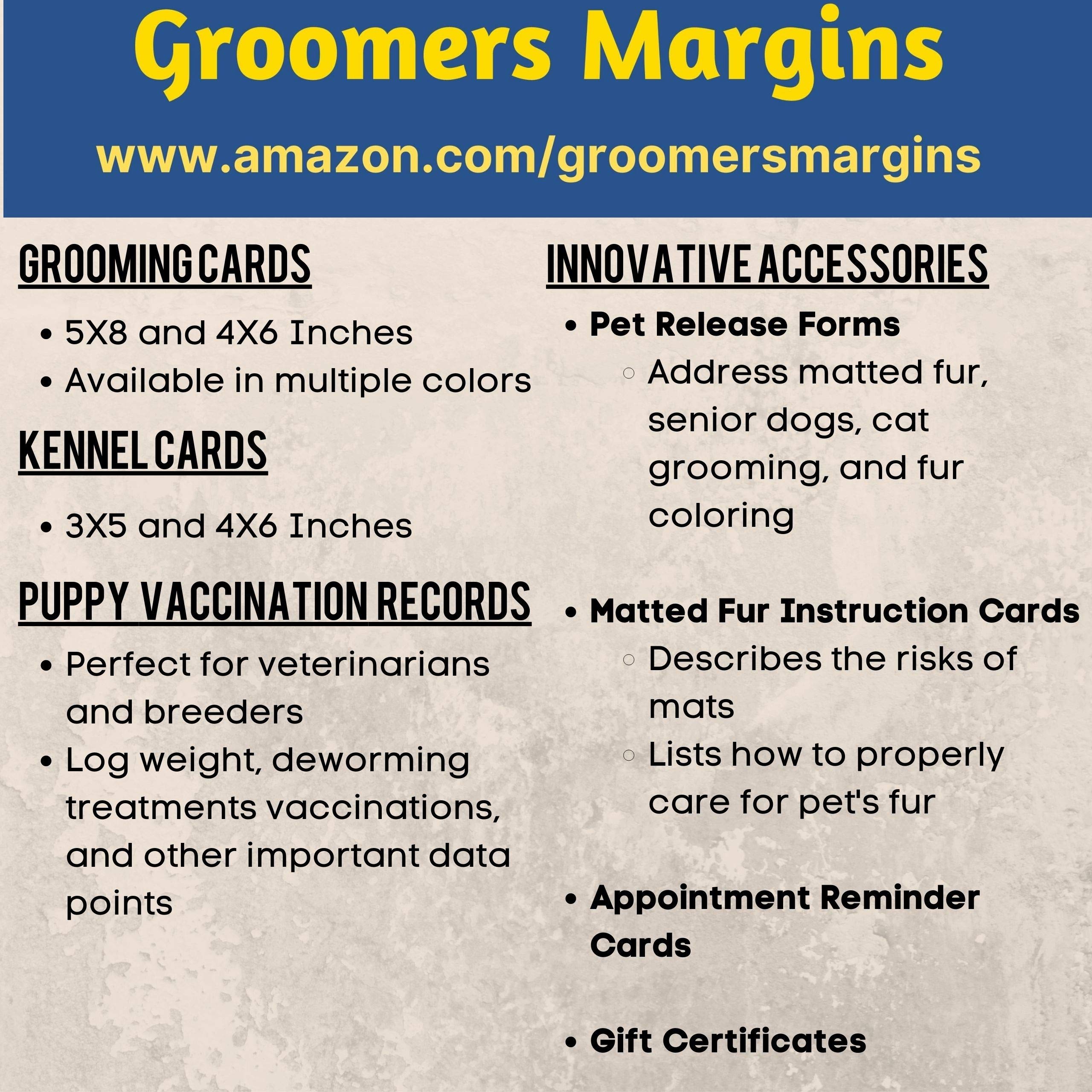 Groomers Margins 5x8 card pack shot emphasizes lasting pet care records.