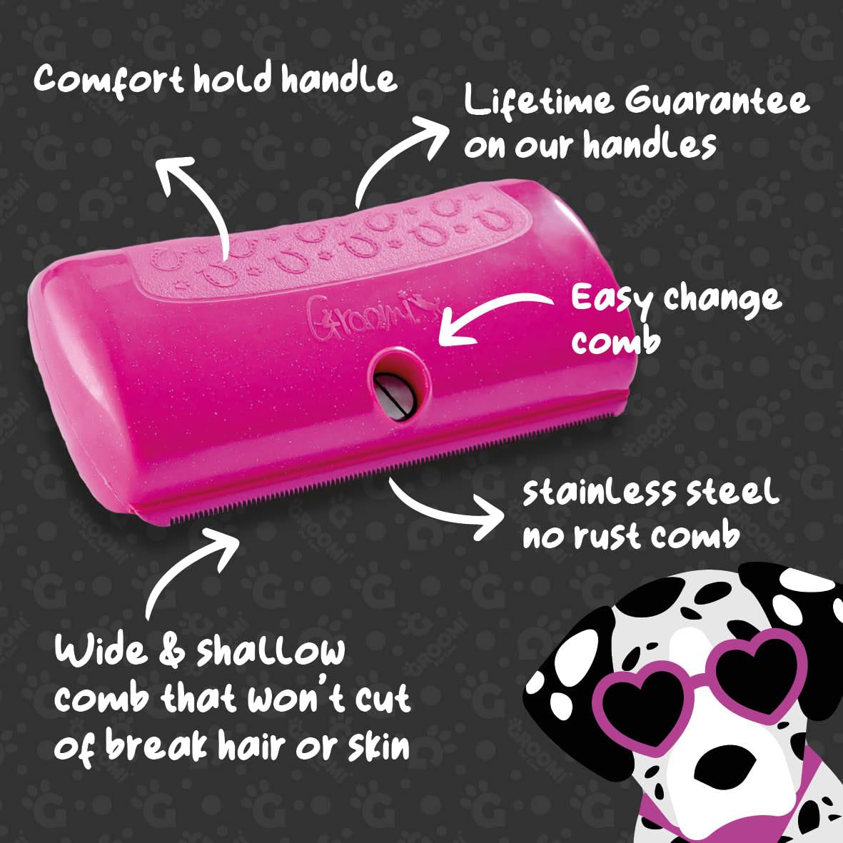 Groomi deshedding brush side view shows rust-resistant teeth for gentle fur removal.