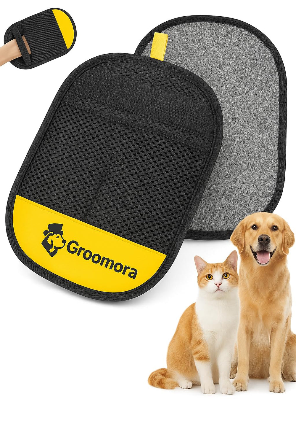 Groomora pet hair removal glove on sofa showing deep fur pickup