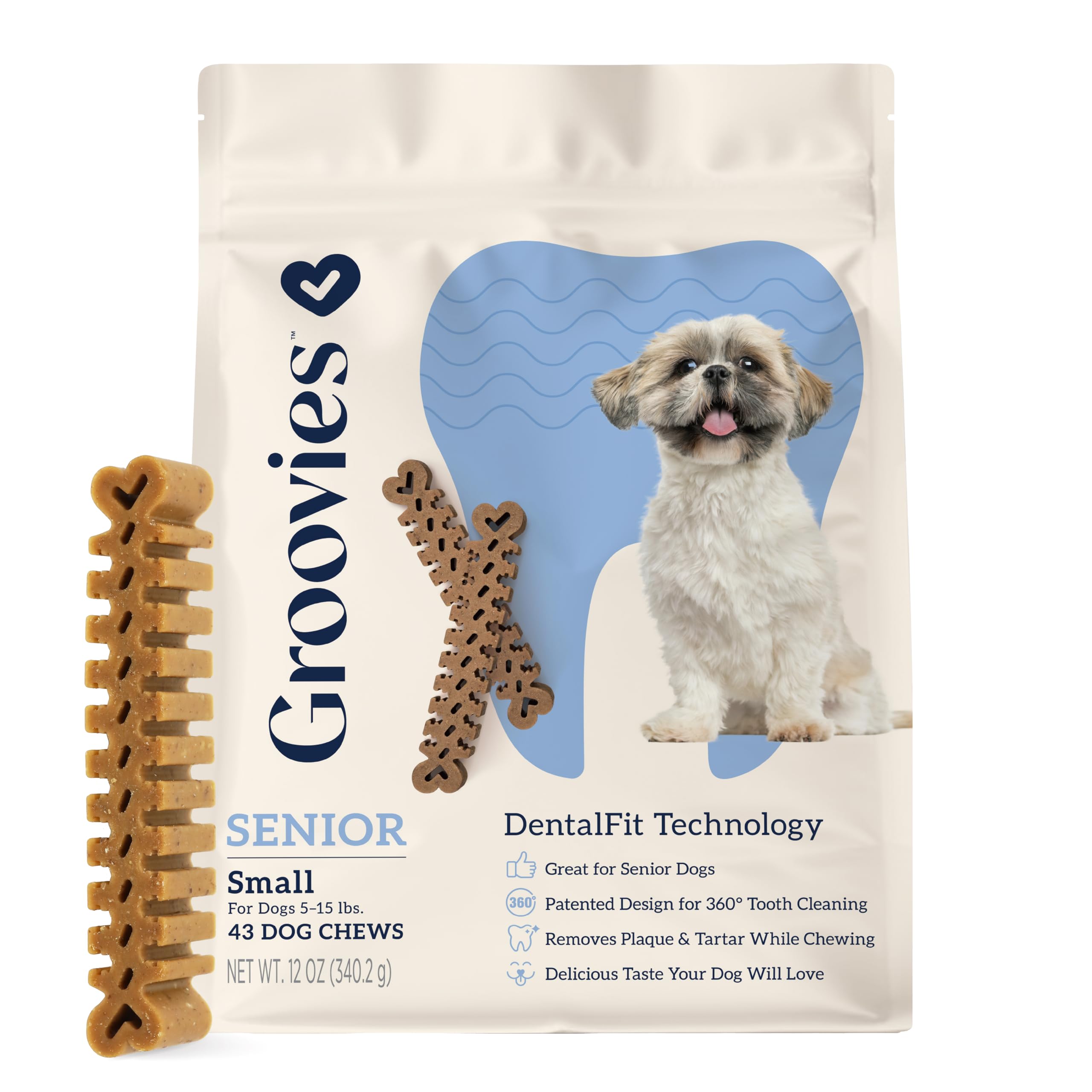 Groovies Gentle and Flexible chews in packaging, easy daily administration for small dogs.