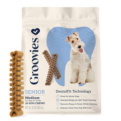 Groovies senior dog dental chews bag showing 22-count for daily care