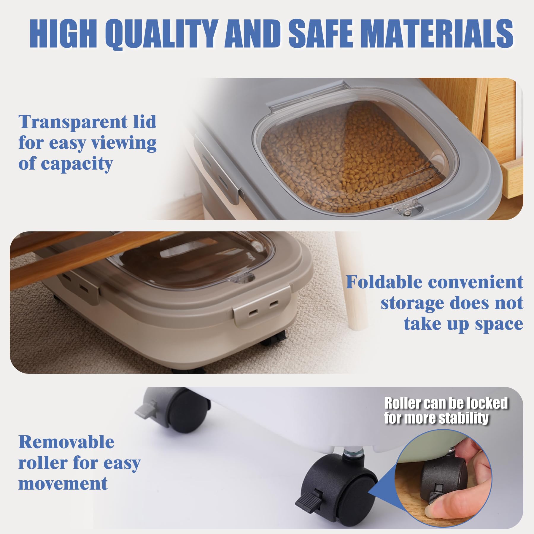 Gropecan container with removable wheels enables easy relocation of heavy pet food