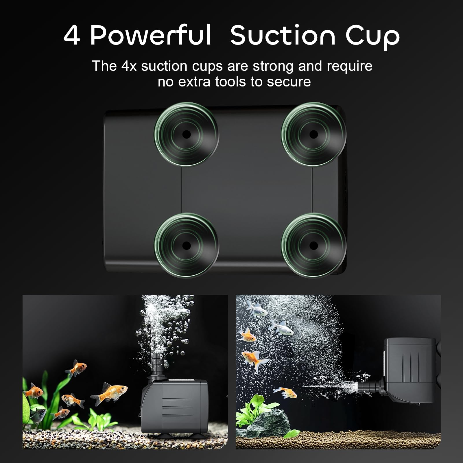 Four independent suction cups keep the pump stable on tank surfaces.