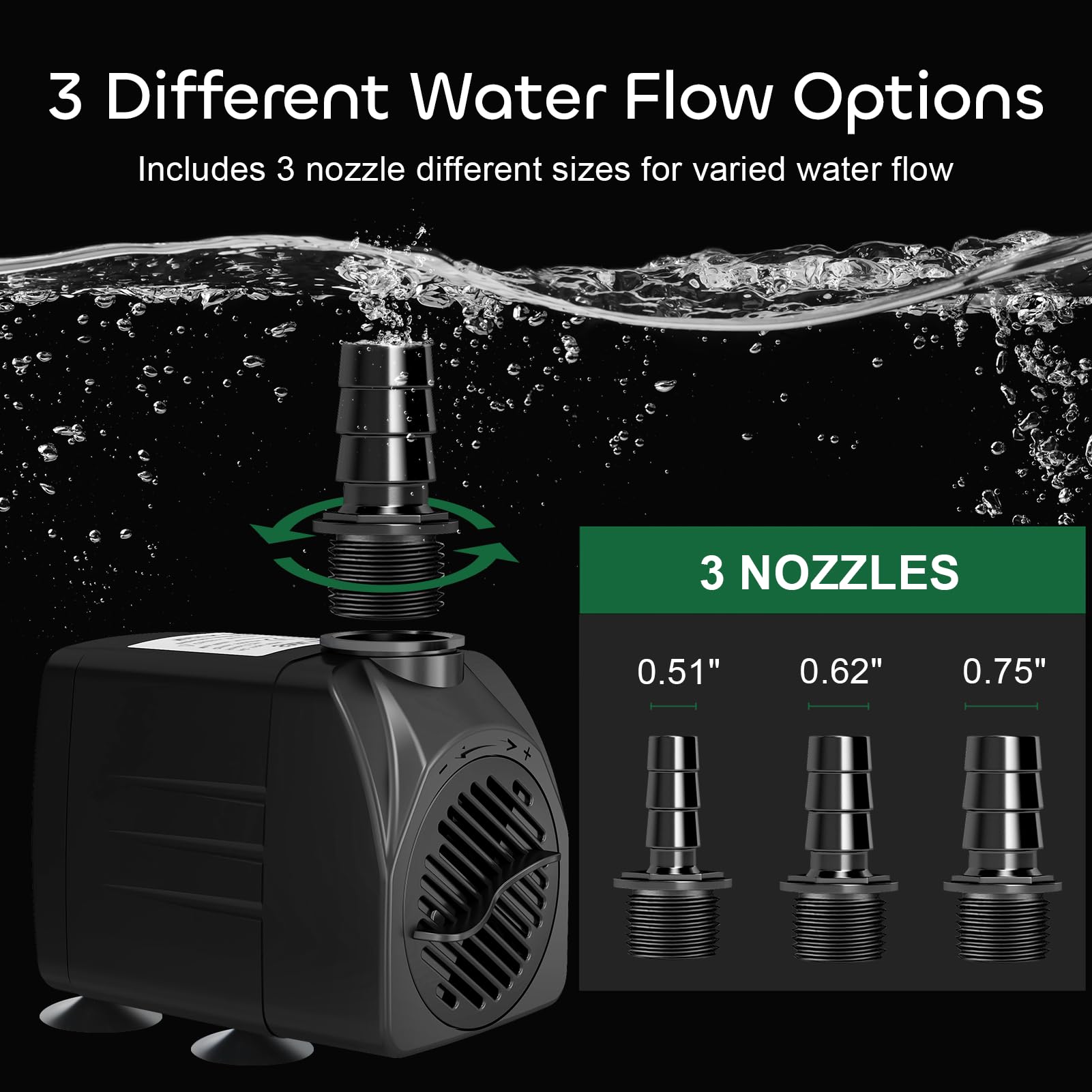 Growneer three-nozzles provide customizable flow for varied display effects.
